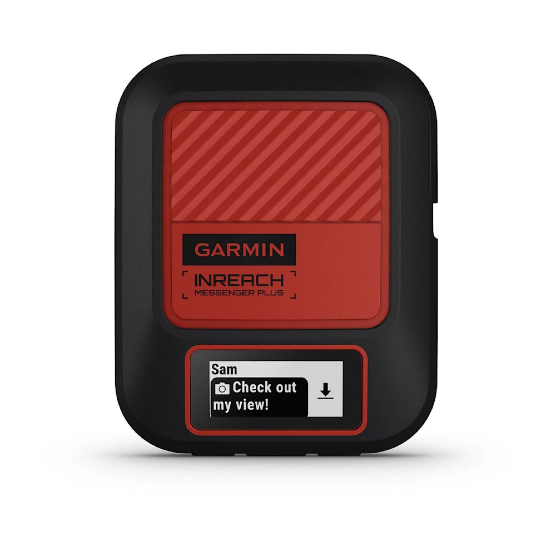 Garmin inReach Messenger Plus front view: black device with red display and checkout message screen