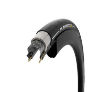 Black road bike tire with P ZERO branding, tubeless-ready folding bead detail