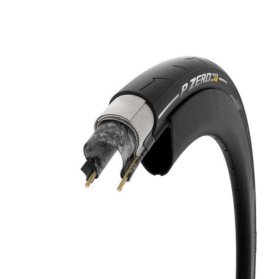 Black road bike tire with P ZERO branding, tubeless-ready folding bead detail
