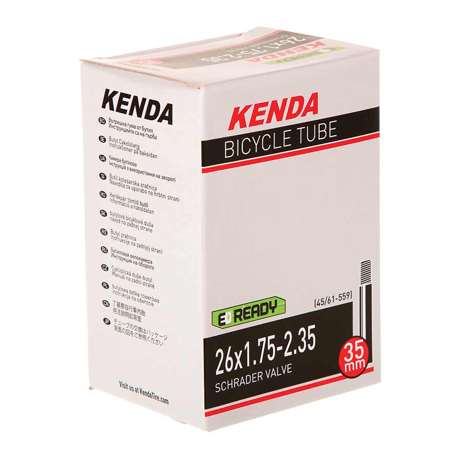 Kenda bicycle tube box side view, 26x1.75-2.35 Schrader valve, 35mm marking