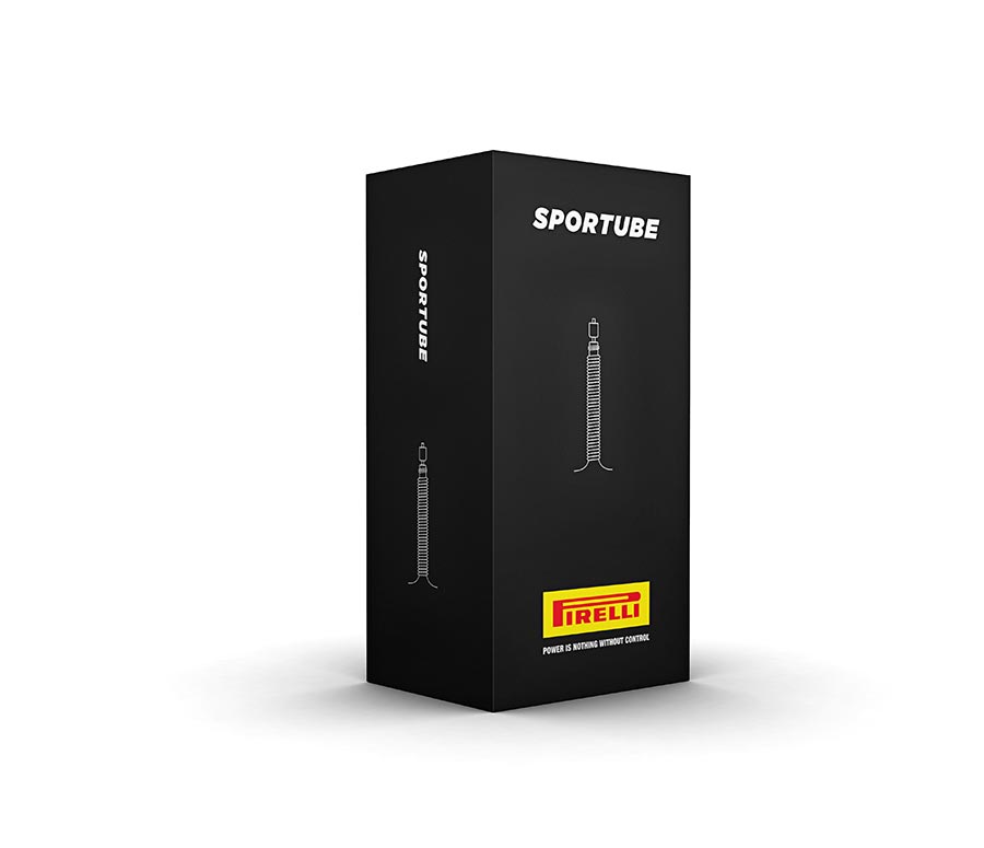 Pirelli SPORTUBE Presta 48mm 700C bike tube box, black packaging with SPORTUBE logo