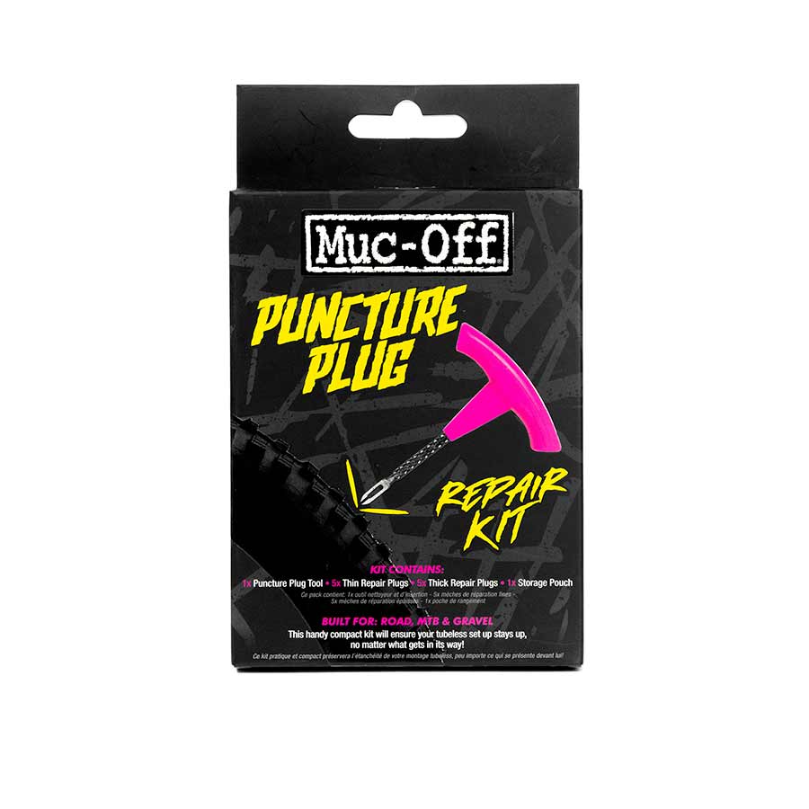 Muc-Off puncture plug repair kit package, black with pink arrow graphics