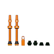 Orange tubeless presta valve kit with 60mm stems, caps, and matching grommets (pair)
