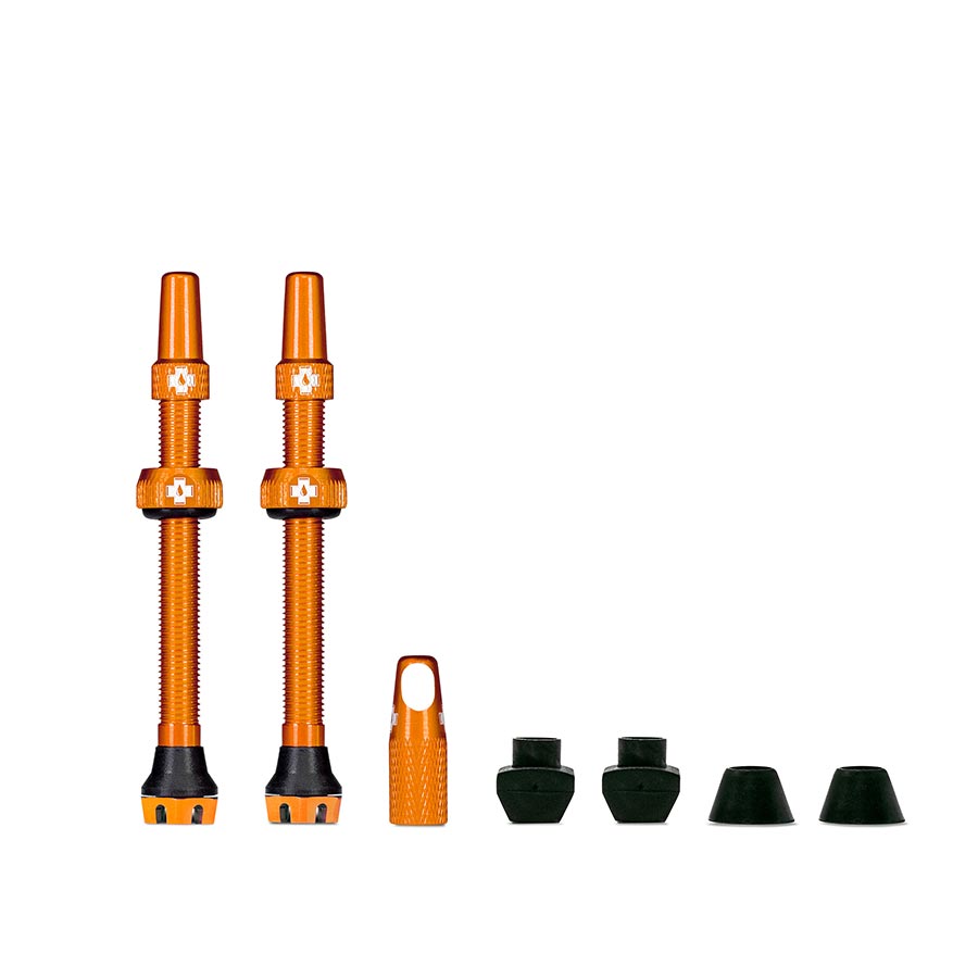 Orange tubeless presta valve kit with 60mm stems, caps, and matching grommets (pair)