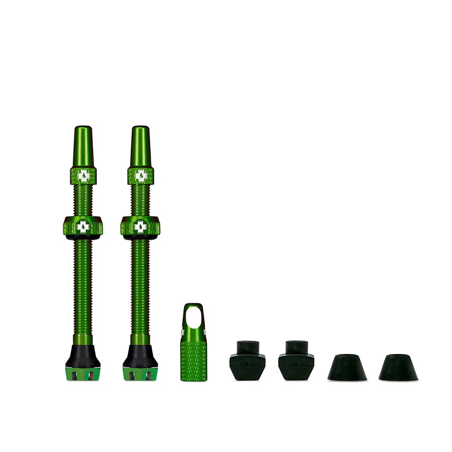 Green tubeless valve kit pair with 60mm valves and protective caps