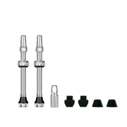 Pair of silver tubeless valve stems, 60mm, with caps and tool pieces