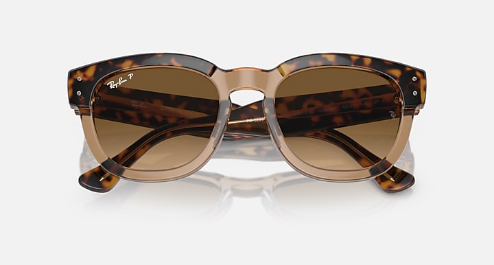Havana tortoise sunglasses with brown lenses and logo on frame, angled view