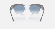 Clear dark grey sunglasses with light blue lenses and metal tips, front view