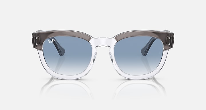 Transparent dark grey sunglasses with light blue gradient lenses, front view