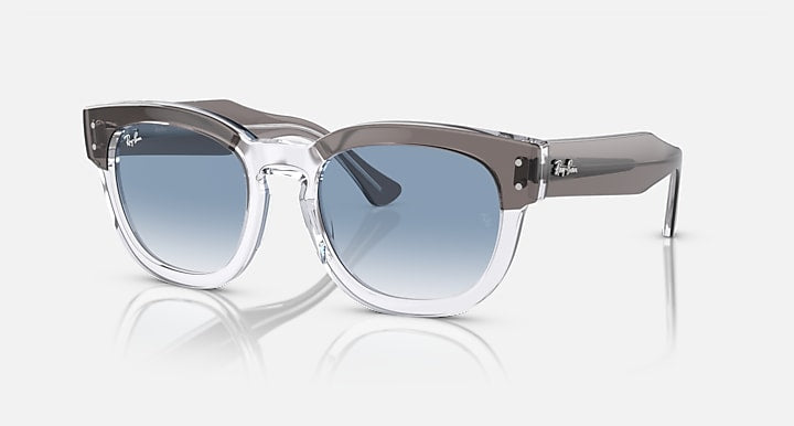 Transparent dark grey sunglasses with light blue gradient lenses, round frames