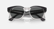 Sunglasses low-angle view with dark round lenses, transparent dark-gray frame and metal hinges