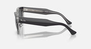 Sunglasses side view with dark lenses, transparent dark-gray frame and metal temple arms
