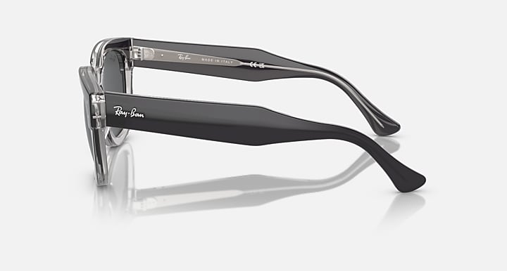 Sunglasses side view with dark lenses, transparent dark-gray frame and metal temple arms
