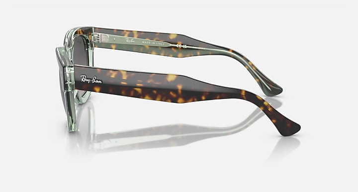 Transparent green sunglasses side view with dark lens and tortoise temple