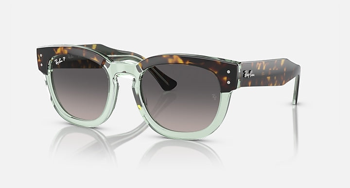 Transparent green frame sunglasses with dark lenses and tortoise-pattern temples
