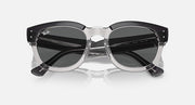 Ray-Ban Mega Hawkeye sunglasses, angled translucent frame with dark gray lenses