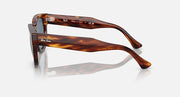 Tortoise-pattern sunglasses side view with dark lens and metal arm