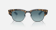 Tortoise sunglasses with blue-green lenses and rounded cat-eye shape