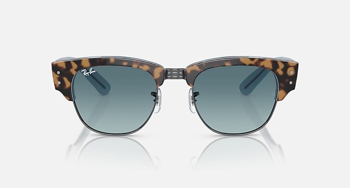 Tortoise sunglasses with blue-green lenses and rounded cat-eye shape