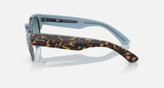 Blue-tinted sunglasses with tortoise temple tips and metal frame arms