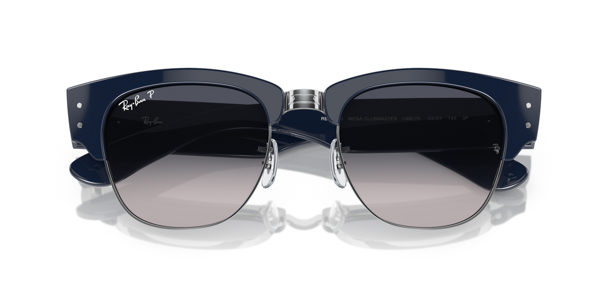 Ray-Ban Mega Clubmaster sunglasses with blue frame and dark-to-gray gradient lenses
