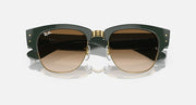Green sunglasses with dark lenses and gold-toned round frames