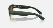 Green sunglasses with blue lenses and metal logo on the temple