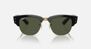 Clubmaster sunglasses front view with green lenses, black frame, and gold-tone bridge