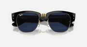 Clubmaster sunglasses front view with dark blue lenses, black frame, and gold-tone rims