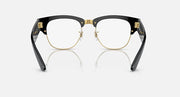 Clubmaster sunglasses front view with clear lenses, black frame, and gold-tone bridge
