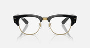 Clubmaster sunglasses front view with clear lenses and black frame with gold-tone hardware