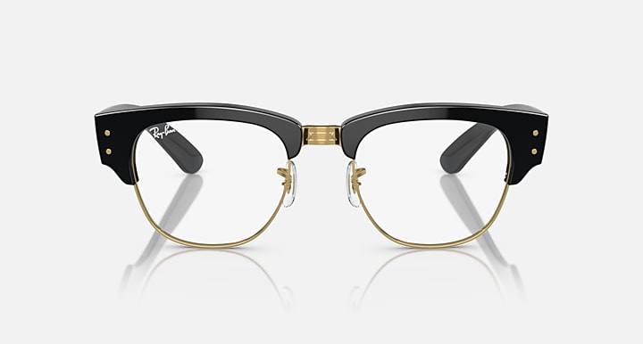Clubmaster sunglasses front view with clear lenses and black frame with gold-tone hardware