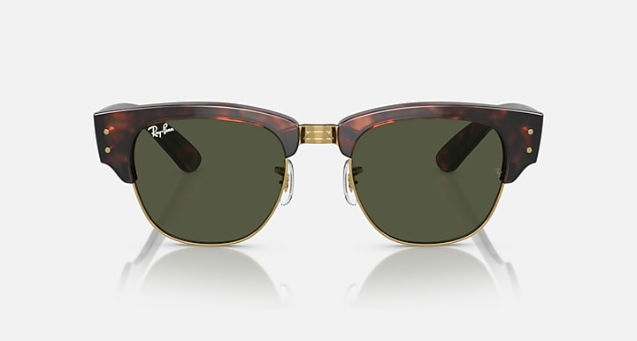 Tortoiseshell Mega Clubmaster sunglasses, front view, green lenses and gold hinges