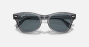 Sunglasses top view with dark lenses and clear gray frame with dark accents