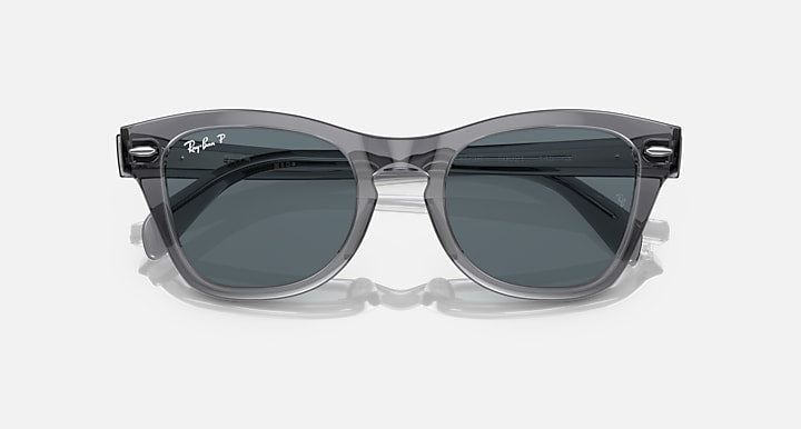 Sunglasses top view with dark lenses and clear gray frame with dark accents