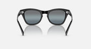 Black sunglasses with square frames and dark blue lenses, front view