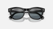 Black sunglasses with square lenses and blue-gray tint, top front view