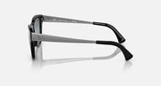 Black sunglasses, side profile with glossy temples and dark blue lenses