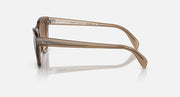 Light brown translucent sunglasses shown from the side with clear hinge details