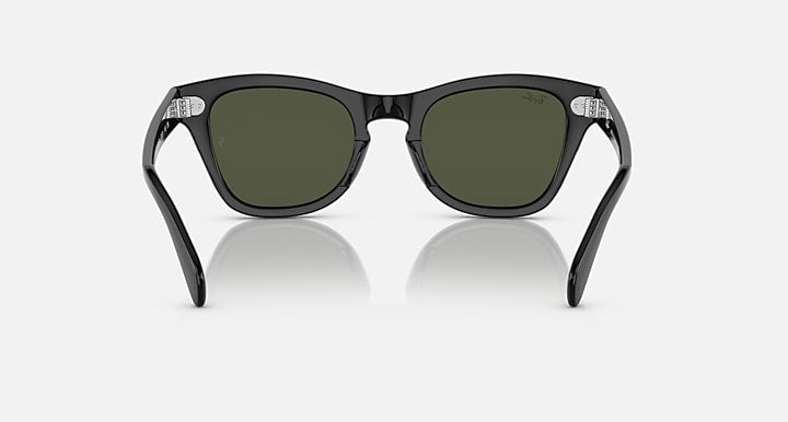 Black square sunglasses with muted green lenses and clear side temple accents