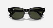 Black square sunglasses with dark green lenses, viewed from above