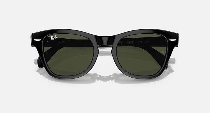 Black square sunglasses with dark green lenses, viewed from above
