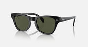 Black square sunglasses with dark green lenses and glossy black temple arms
