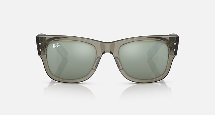 Square Wayfarer sunglasses with green tinted lenses and clear olive frame, front view