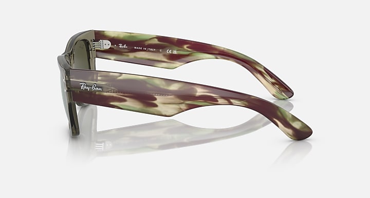 Marbled brown/olive Wayfarer sunglasses with green tinted lenses, side view of temples