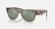 Square Wayfarer sunglasses with green tinted lenses and marbled brown/olive frame, front view