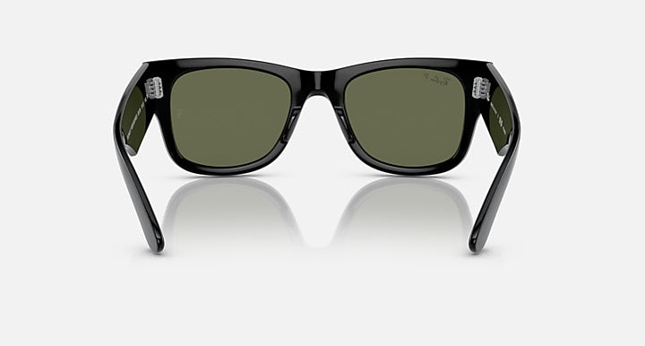 Black Wayfarer sunglasses with dark olive lenses, angled front view