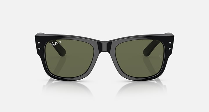Black Wayfarer sunglasses with dark olive lenses and black frame, front view