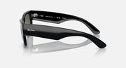 Black Wayfarer sunglasses with green tinted lenses, side profile with temple details