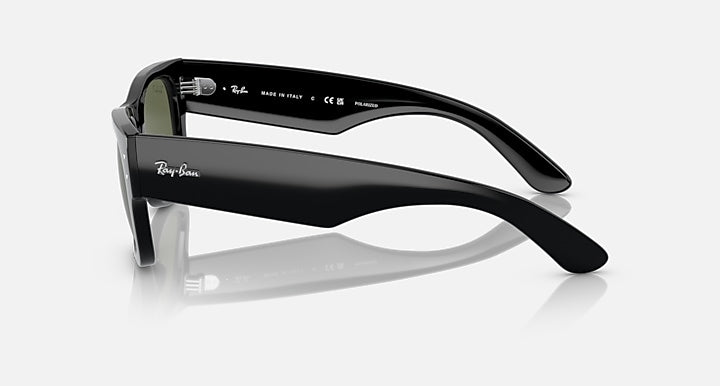 Black Wayfarer sunglasses with green tinted lenses, side profile with temple details